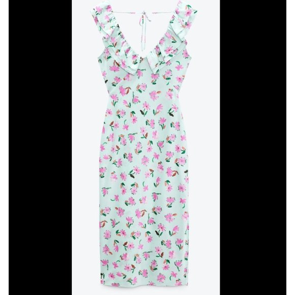 ZARA GREEN FLORAL PRINT SATIN MIDI DRESS WITH RUFFLE TRIMS SIZE S, NWT SS22 - Picture 7 of 10